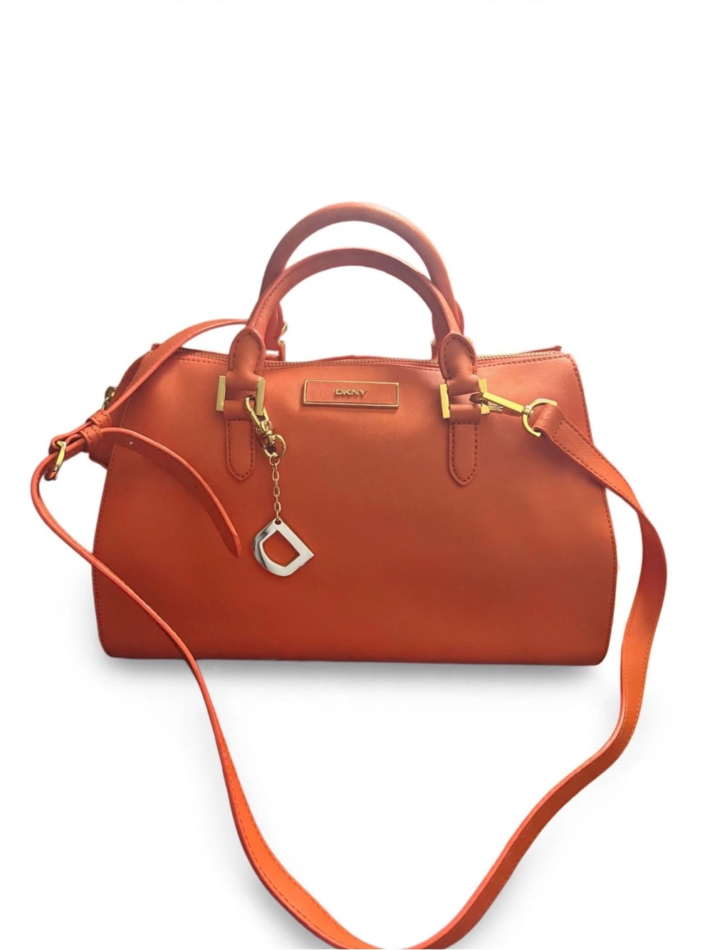 DKNY Orange Leather Satchel with Gold Charm and Adjustable Strap